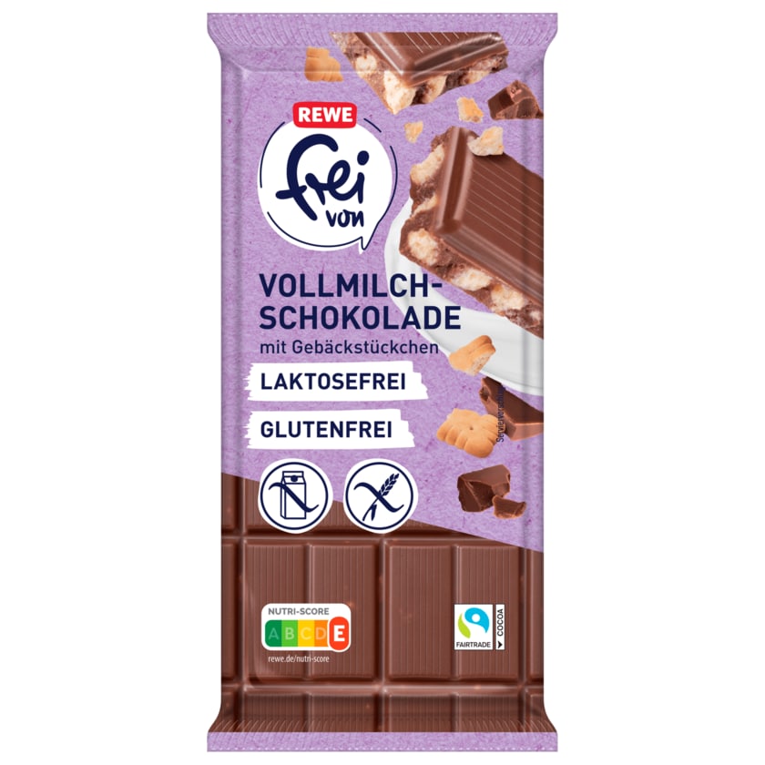 REWE frei von Vollmilchschokolade mit Gebäckstücken laktosefrei glutenfrei 100g